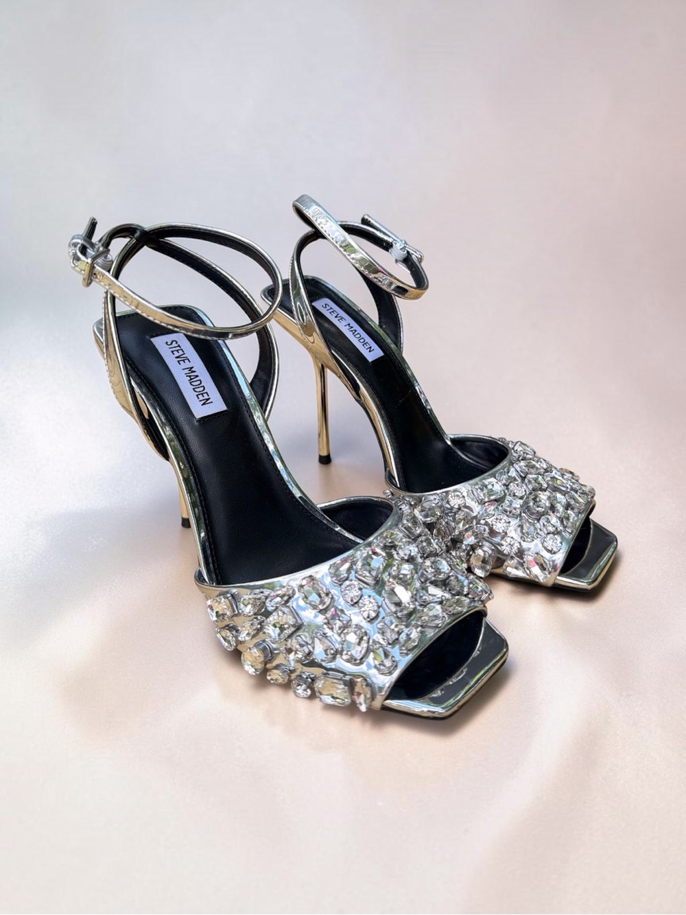 Steve Madden Silver Crystal-Embellished Stiletto Sandals Like New Size 9